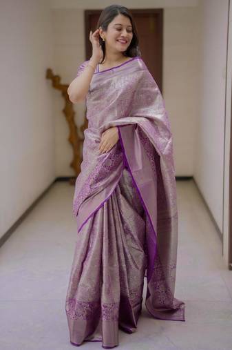 purple color kanchipuram silk blend zari weaving saree with blouse piece
