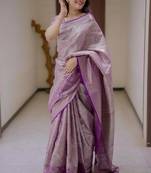 purple color kanchipuram silk blend zari weaving saree with blouse piece