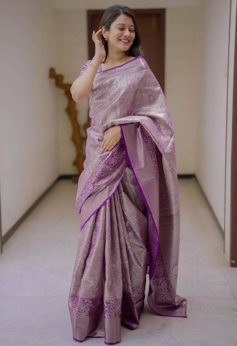 purple color kanchipuram silk blend zari weaving saree with blouse piece