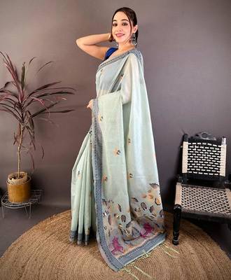 skyblue color muga cotton blend woven with flower printed saree 3