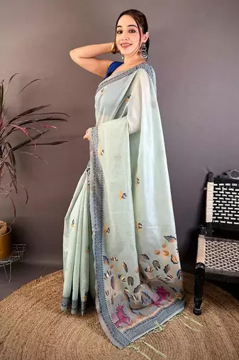 skyblue color muga cotton blend woven with flower printed saree