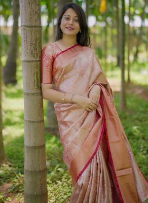 red color kanchipuram silk blend zari weaving saree with blouse piece 3