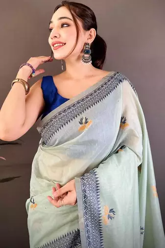 skyblue color muga cotton blend woven with flower printed saree