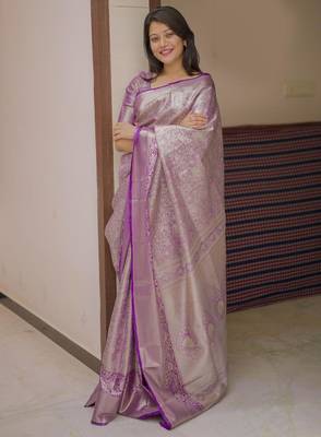 purple color kanchipuram silk blend zari weaving saree with blouse piece 2