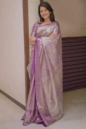 purple color kanchipuram silk blend zari weaving saree with blouse piece