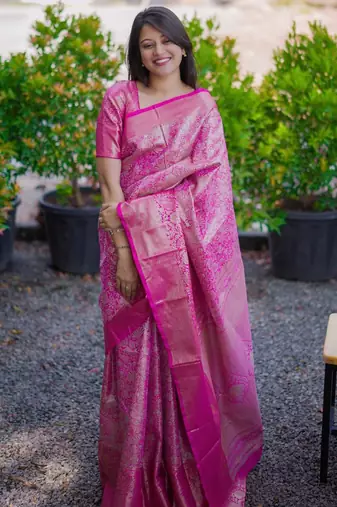 pink color kanchipuram silk blend zari weaving saree with blouse piece