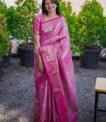 pink color kanchipuram silk blend zari weaving saree with blouse piece