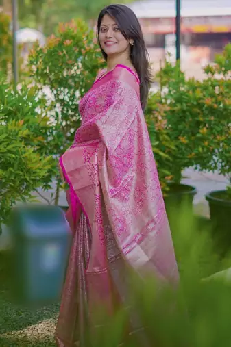 pink color kanchipuram silk blend zari weaving saree with blouse piece