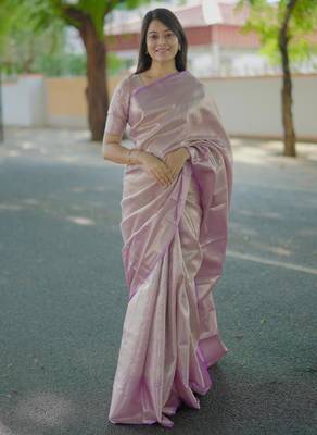 lavender color kanchipuram silk blend zari weaving saree with blouse piece 1