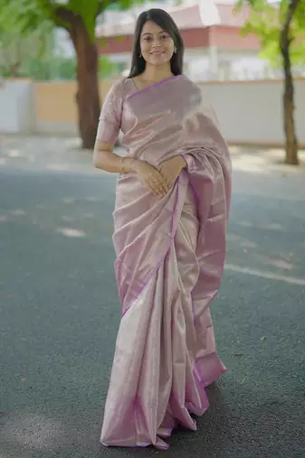 lavender color kanchipuram silk blend zari weaving saree with blouse piece