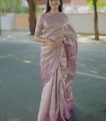 lavender color kanchipuram silk blend zari weaving saree with blouse piece