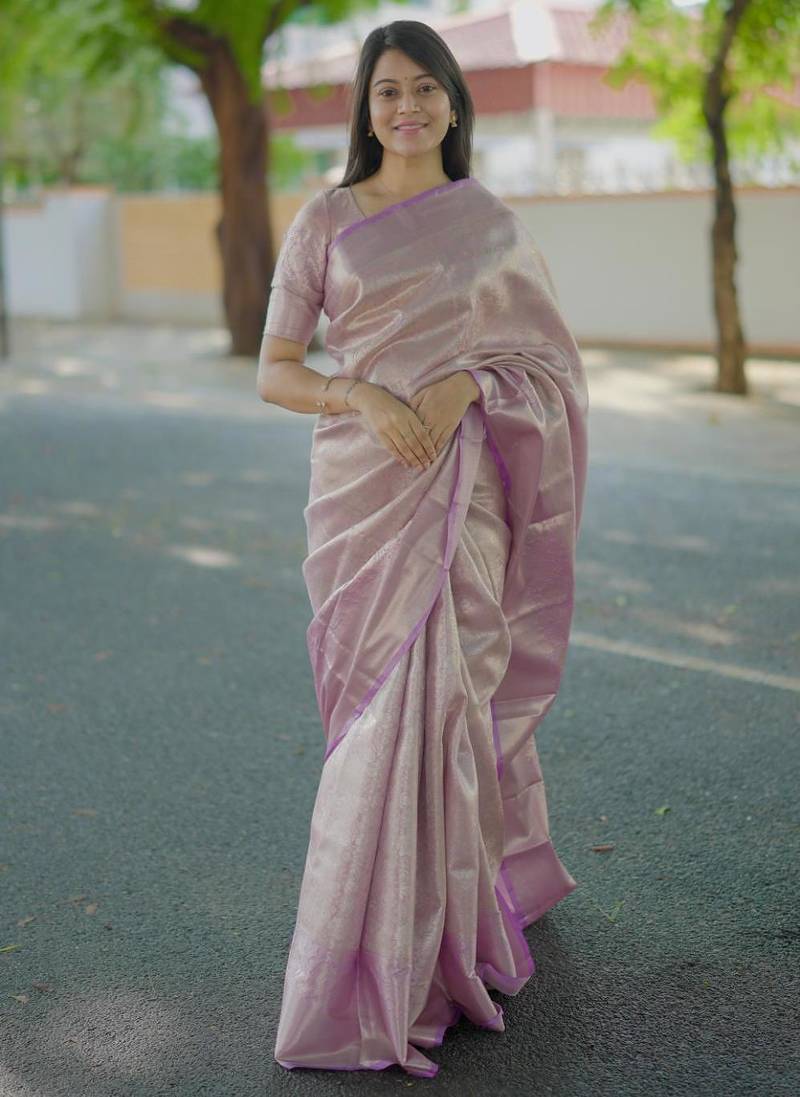 lavender color kanchipuram silk blend zari weaving saree with blouse piece