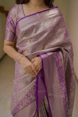 purple color kanchipuram silk blend zari weaving saree with blouse piece 4