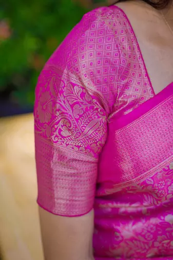 pink color kanchipuram silk blend zari weaving saree with blouse piece