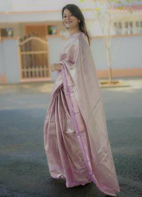 lavender color kanchipuram silk blend zari weaving saree with blouse piece 2