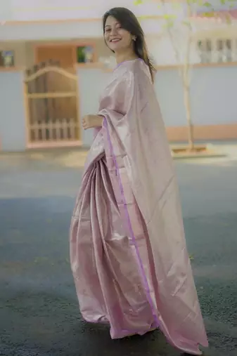 lavender color kanchipuram silk blend zari weaving saree with blouse piece