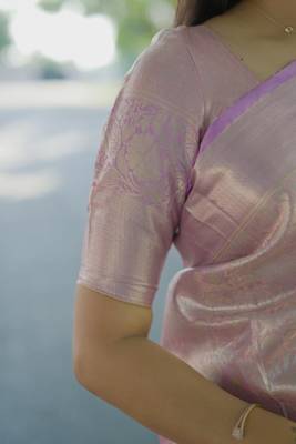 lavender color kanchipuram silk blend zari weaving saree with blouse piece 3