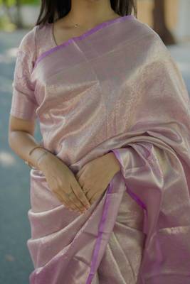 lavender color kanchipuram silk blend zari weaving saree with blouse piece 4