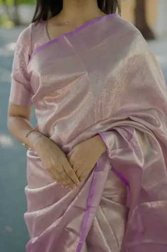 lavender color kanchipuram silk blend zari weaving saree with blouse piece