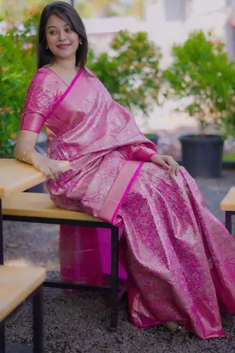 pink color kanchipuram silk blend zari weaving saree with blouse piece