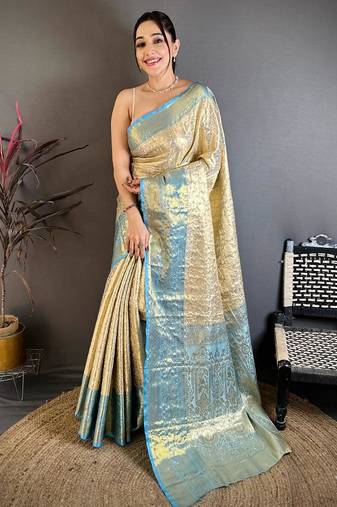 chiku-skyblue color kanchipuram silk blend flower zari woven saree with blouse