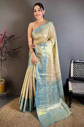 chiku-skyblue color kanchipuram silk blend flower zari woven saree with blouse
