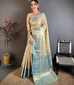 chiku-skyblue color kanchipuram silk blend flower zari woven saree with blouse