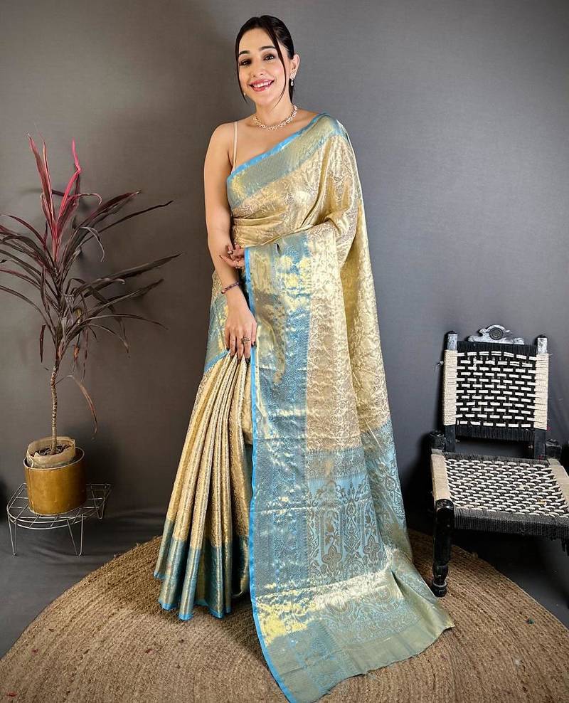 chiku-skyblue color kanchipuram silk blend flower zari woven saree with blouse