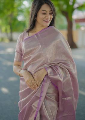 lavender color kanchipuram silk blend zari weaving saree with blouse piece 5