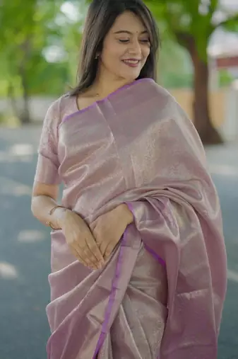 lavender color kanchipuram silk blend zari weaving saree with blouse piece