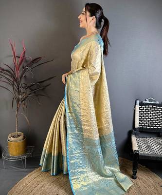 chiku-skyblue color kanchipuram silk blend flower zari woven saree with blouse 2