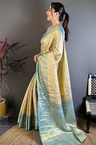 chiku-skyblue color kanchipuram silk blend flower zari woven saree with blouse