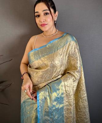 chiku-skyblue color kanchipuram silk blend flower zari woven saree with blouse 4