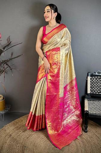 chiku-rani color kanchipuram silk blend flower zari woven saree with blouse