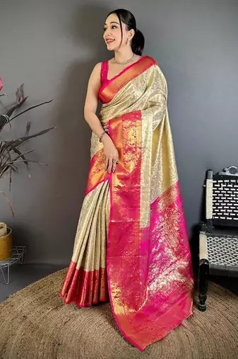 chiku-rani color kanchipuram silk blend flower zari woven saree with blouse