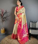 chiku-rani color kanchipuram silk blend flower zari woven saree with blouse