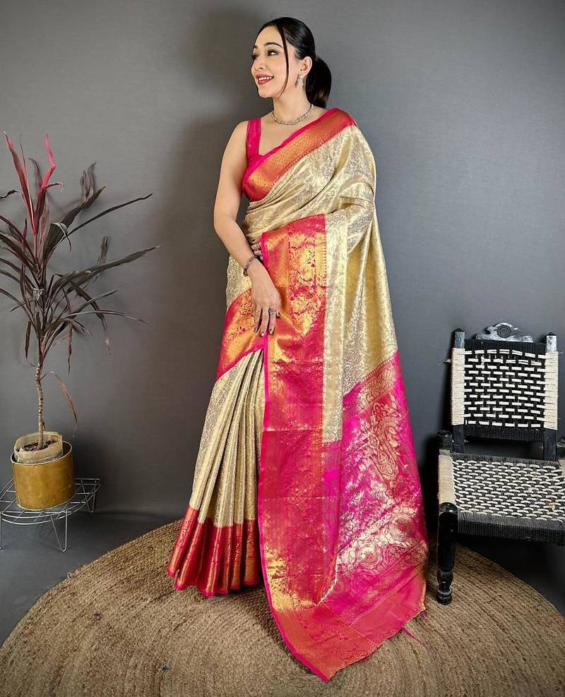 chiku-rani color kanchipuram silk blend flower zari woven saree with blouse