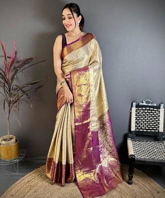 chiku-purple color kanchipuram silk blend flower zari woven saree with blouse 1