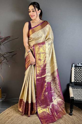chiku-purple color kanchipuram silk blend flower zari woven saree with blouse