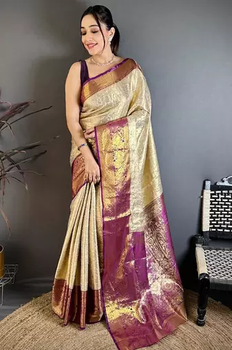 chiku-purple color kanchipuram silk blend flower zari woven saree with blouse