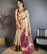 chiku-purple color kanchipuram silk blend flower zari woven saree with blouse