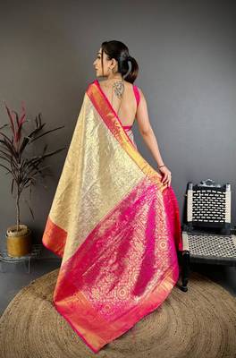 chiku-rani color kanchipuram silk blend flower zari woven saree with blouse 2