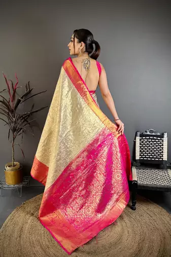 chiku-rani color kanchipuram silk blend flower zari woven saree with blouse