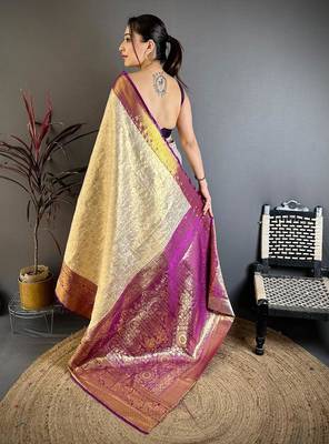 chiku-purple color kanchipuram silk blend flower zari woven saree with blouse 2