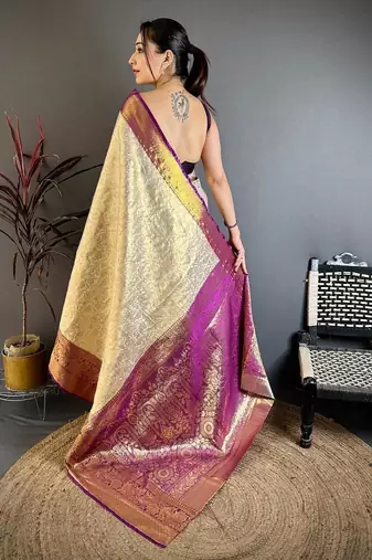 chiku-purple color kanchipuram silk blend flower zari woven saree with blouse
