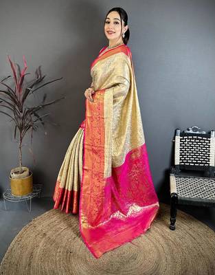 chiku-rani color kanchipuram silk blend flower zari woven saree with blouse 3