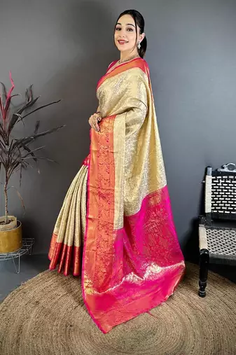 chiku-rani color kanchipuram silk blend flower zari woven saree with blouse