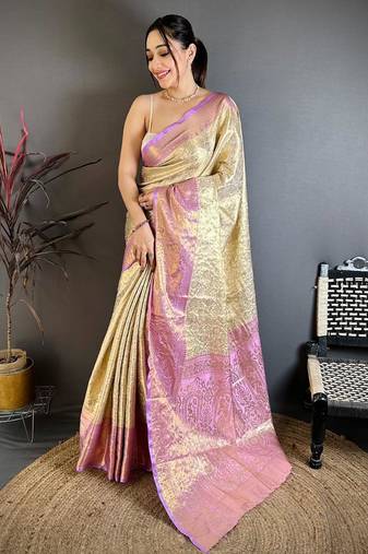 chiku-pink color kanchipuram silk blend flower zari woven saree with blouse