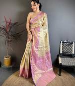 chiku-pink color kanchipuram silk blend flower zari woven saree with blouse