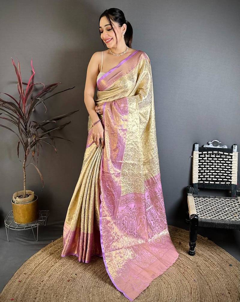 chiku-pink color kanchipuram silk blend flower zari woven saree with blouse